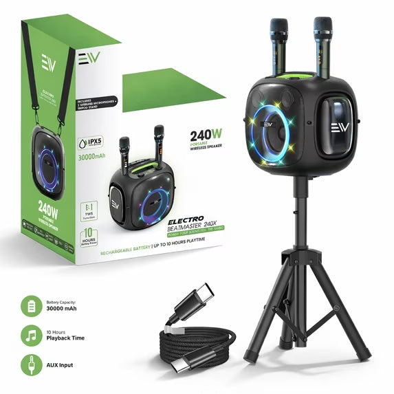 Electro Beat Master 240W Bluetooth Karaoke Speaker with 2 Wireless Microphones