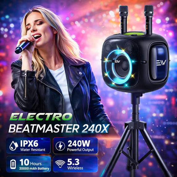 Electro Beat Master 240W Bluetooth Karaoke Speaker with 2 Wireless Microphones