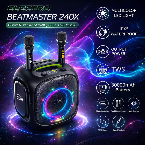 Electro Beat Master 240W Bluetooth Karaoke Speaker with 2 Wireless Microphones