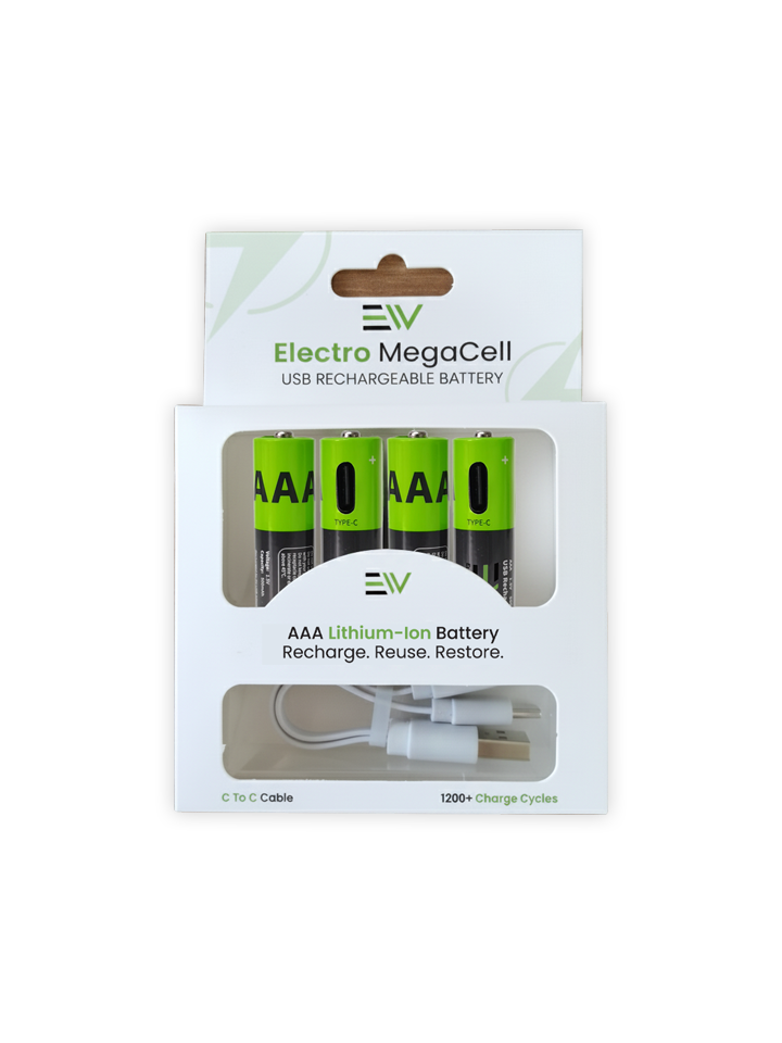 Electro MegaCell AAA Battery with C to C Cable 4-Pack - Black