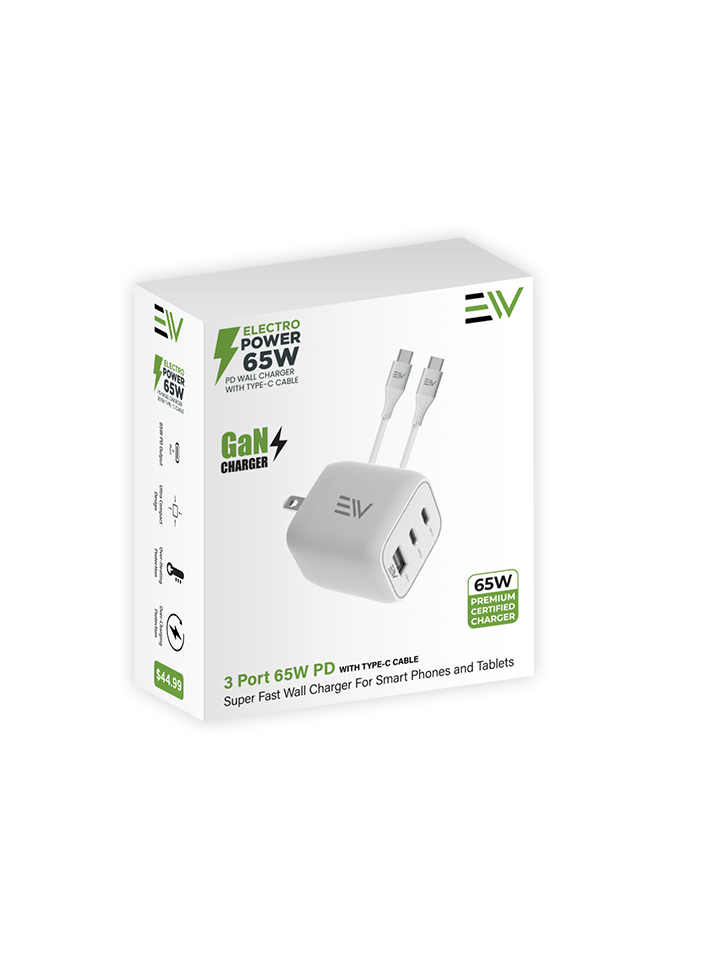 Electro Power - 65W 3 Port UL Certified Wall Charger with Type C Cable - White